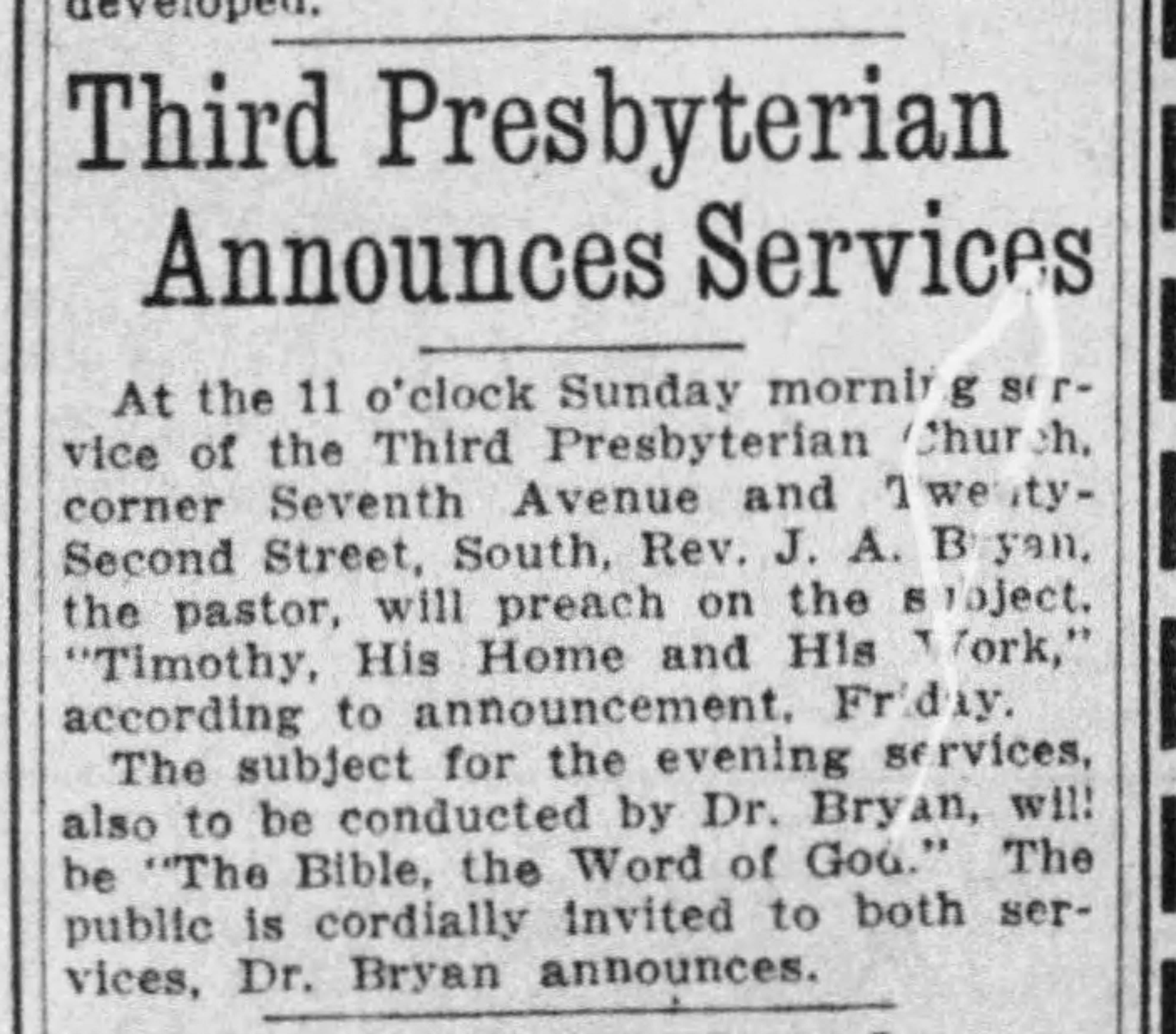 Third Presbyterian Announces Services